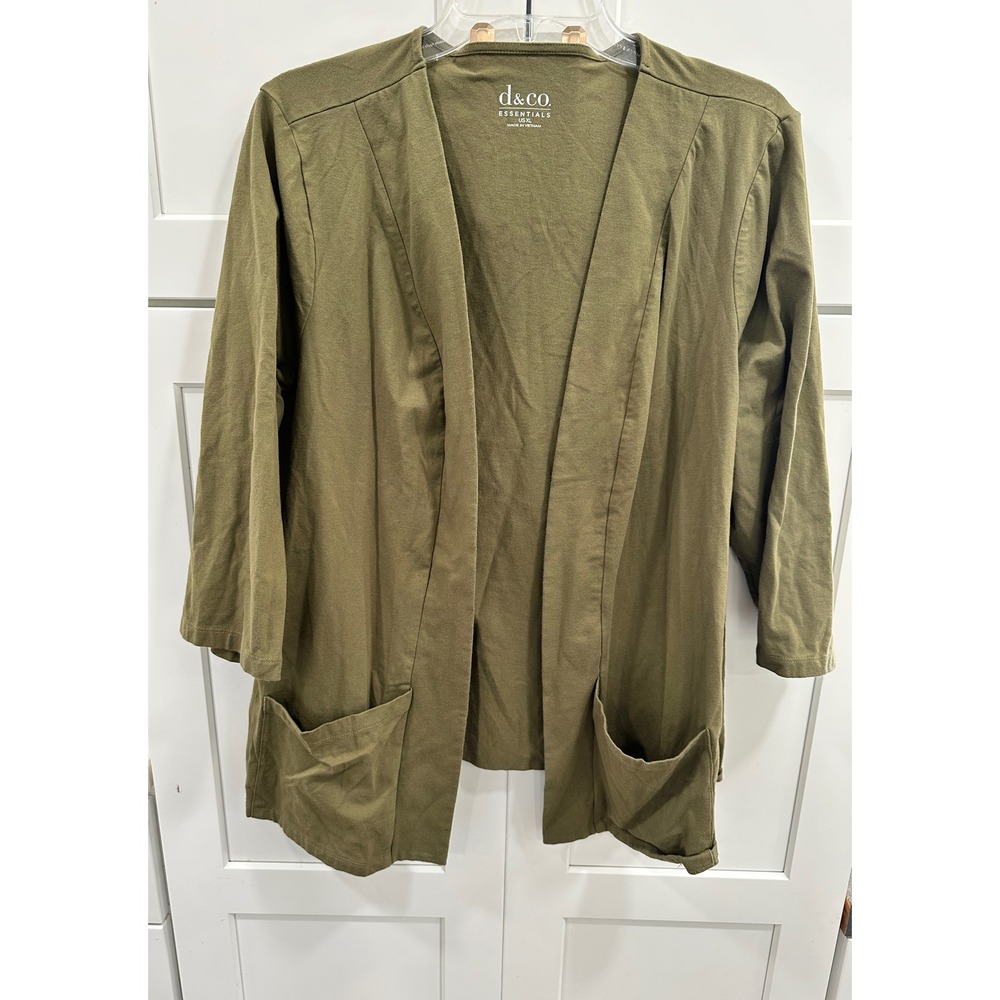 D&Co Essentials Womens XL Olive Green Open Front Cardigan 3/4 Sleeve Pockets